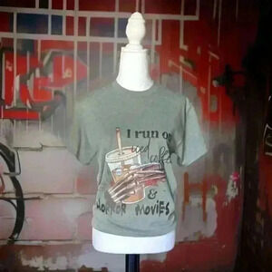 Green Homemade-Shirt (Coffee & Horror Movies) Size S